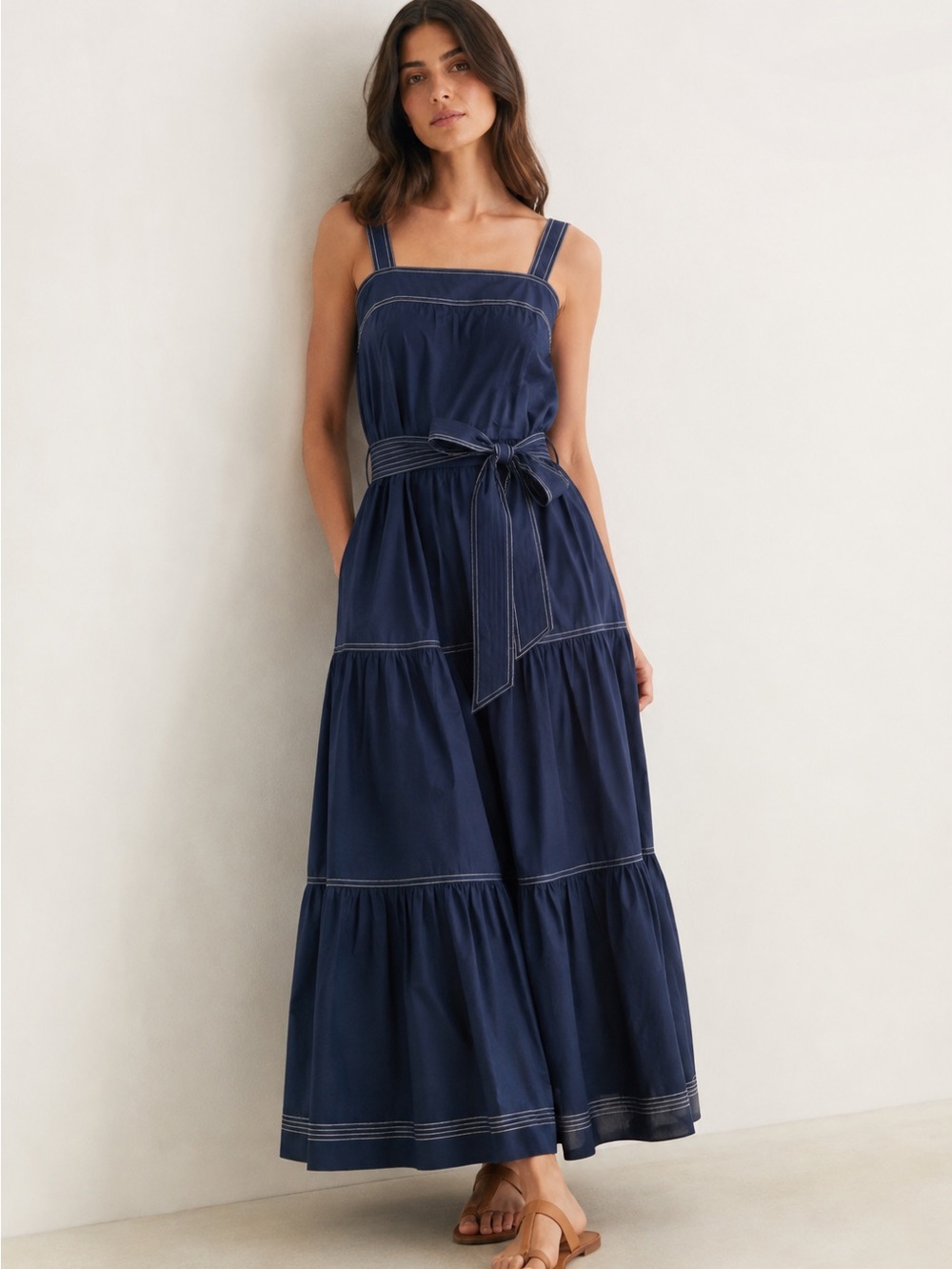 Caroline Constas Navy Blue Tiered Maxi Dress Contrast Stitch Smocked Back XS